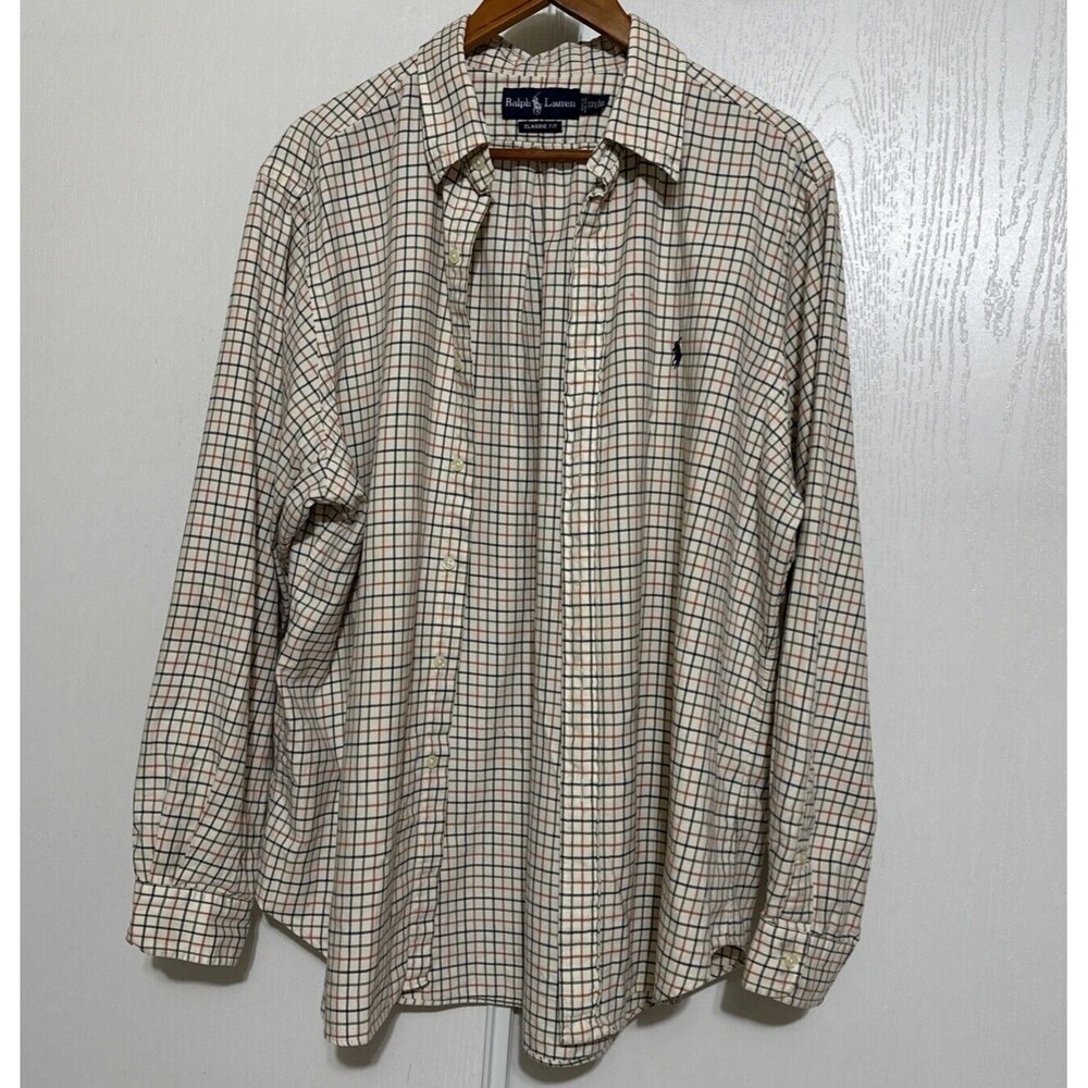 Vintage Ralph Lauren Shirt Mens XL 17.5 Cream Plaid Long Sleeve Button Down